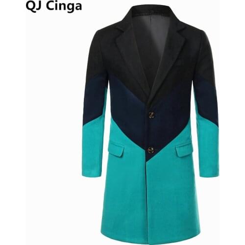 Black Blue Stitching Woolen Coat Mens Autumn/Winter Long Jacket Wedding Party Windbreaker Single Breasted V Neck Overcoat Men