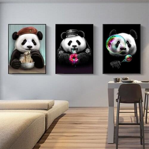 Funny Art Cute Cartoon Animals Panda Eating Canvas Painting Posters and Prints Cuadros Wall Art for Living Room Home Decoration