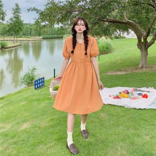 Dress Female Summer Retro Design Sense Simple French Embroidery Lapel Puff Sleeve Girl Pure Color Slim Long Skirt