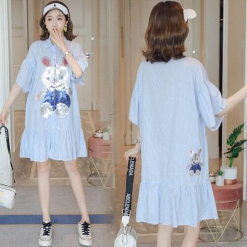 Breastfeeding Maternity Dresses Cotton Nursing Dress striped Funny cartoon sequin print Shirt Loose Dress for Pregnant Women