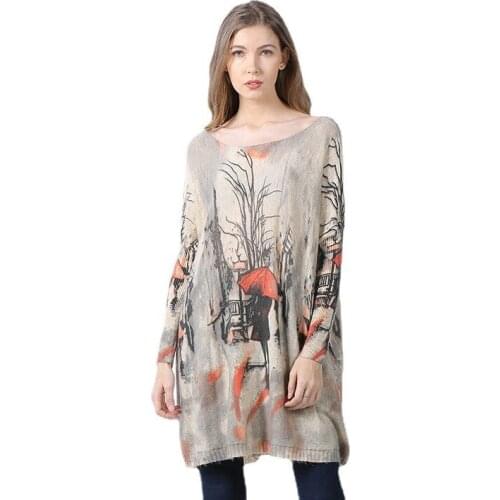 Spring / Autumn Vintage Pullovers For Women Off Shoulder Print Loose Sweater Female Wool Blend Knitted Oversized Dress