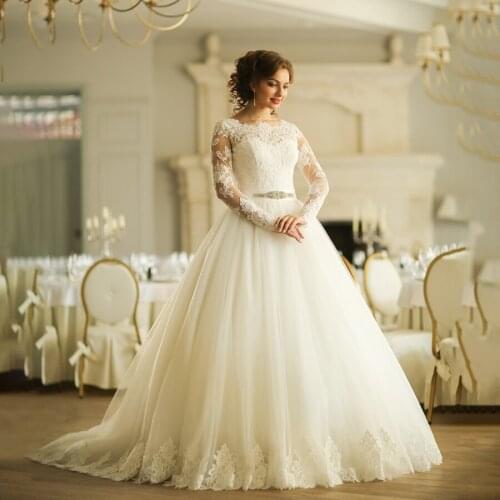 Princess Long Sleeves Lace and Tulle Beading Sash Ball Gown Wedding Dress Plus Size Customized Bridal Gown