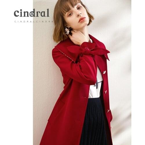 Spring 2021 New Popular Red Windbreaker Womens Medium Length Temperament Lapel Single Breasted Tie Jacket