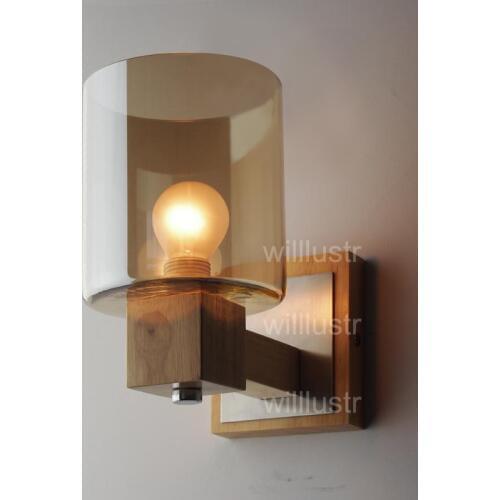 Willlustr Wood Wall Lamp Modern amber glass light Wall sconce oak wood wall lighting vintage bulb American country vanity light
