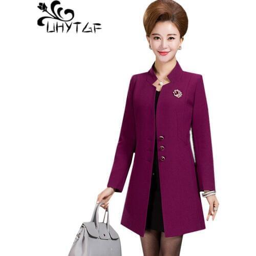 UHYTGF L-5XL Plus size jacket Women fashion Spring Autumn top Coat Standing collar long Windbreaker outerwear Slim Ladie coat132