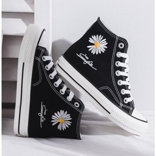2021 Spring Fashion Womens Sneakers High-top Canvas Casual Daisy Embroidery Girl Cloth Shoes Flower Black All Match Espadrilles