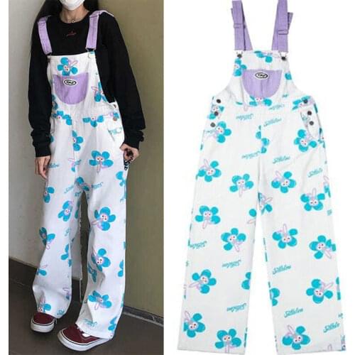 Women Cartoon Printed Bib Overall Sleeveless Pockets Jumpsuit Loose Casual Long Wide Leg Jumpsuit Pants Jeans