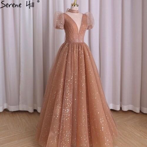 Serene Hill Rose Pink A-Line Evening Gown 2021 Short Sleeves High Neck Stars Patterns Sexy For Women Formal Party Dress CLA70599