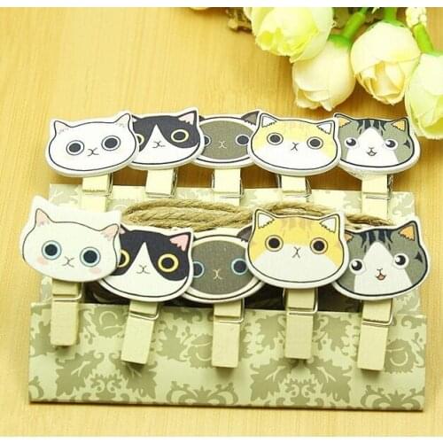 10packs/lot Zakka Cute Cat head Nature Wooden DIY Meaasge Clip set with rope students' gift prize school office supply Wholesale