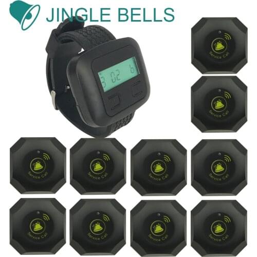 JINGLE BELLS 10 Calling Buttons and 1 Watch Service Pager Transmitter with Battery Wireless System