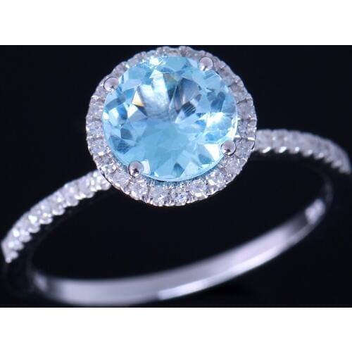 925 Sterling Silver 6.5mm Round Cut 1.44ct Blue Topaz Pave Natural Diamonds Engagement Wedding Gemstone Jewelry Ring wholesale