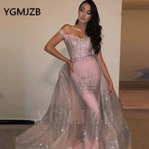 Glitter Evening Dresses Removable Train 2020 Mermaid Off Shoulder Bling Bling Saudi Arabic Women Formal Prom Gowns Party Dress