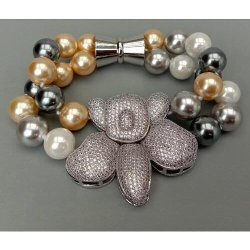 YYGEM 2 Strands 12mm Round Multi Color Sea Shell Pearl strand Bracelet Cz Pave Flower Connctor Charm for women