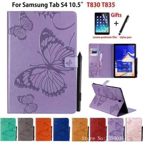 Case For Samsung Galaxy Tab S4 10.5 T830 T835 SM-T835 10.5" Cover Funda Tablet butterfly Embossed Pattern Shell +Film+Stylus