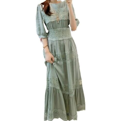 Elegant White Women Dress O-Neck Lace Patchwork Half Sleeve High Street Long Midi Female Beach Dresses Plus Size XS-5XL