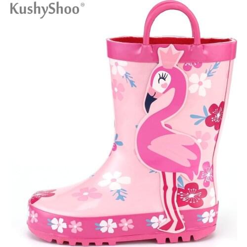 KushyShoo Childrens Rubber Boots Outdoor Waterproof 3D Flamingo Printing Rain Boots Kids Toddler Water Boots Kalosze Dla Dzieci