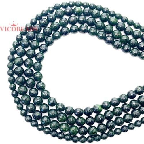 Natural Faceted Dark Green Sand Stone Round Loose Beads 16" Strand 4 6 8 10 12 MM Pick Size For Jewelry