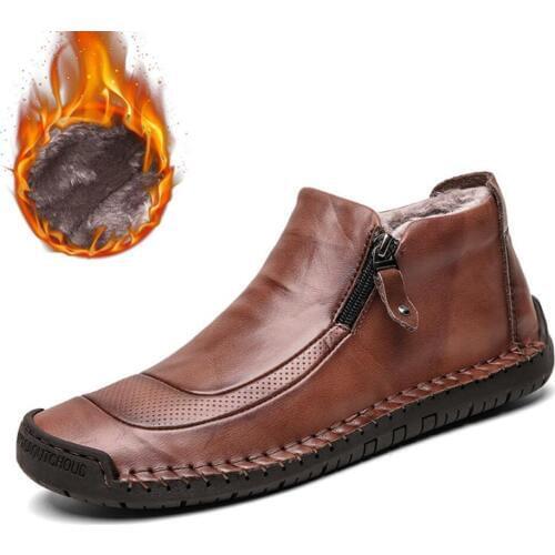 New Fashion Men Genuine leather Boots High Quality handmade Ankle Snow Boots Shoes Warm Fur Plush Winter Shoes Plus Size 38-48