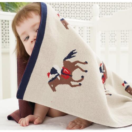 90X110cm thick soft cotton knitted horse racing baby blanket elephant kids back seat cover newborn fox cart blanket crib quilt