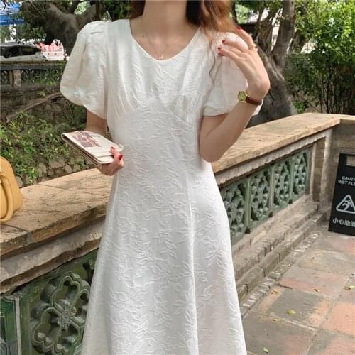 QOERLIN Lace-up Dark Pattern Jacquard Plus Size Womens Gentle Retro Temperament Waist Slim Dress A-Line Midi White Vestidos