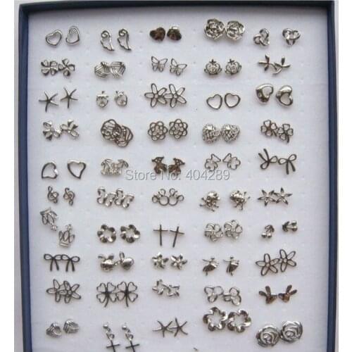 Lots 50pairs Mixed Style Girls Silver Plated Crystal Flower/Starfish/Butterfly/Strawberry/Heart Stud Earrings