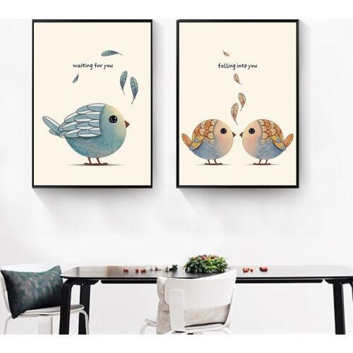 HAOCHU Nordic modern Catoon colorful Bird Canvas Wall Paintings Home study bedroom kids room School Cafe Bar Decor