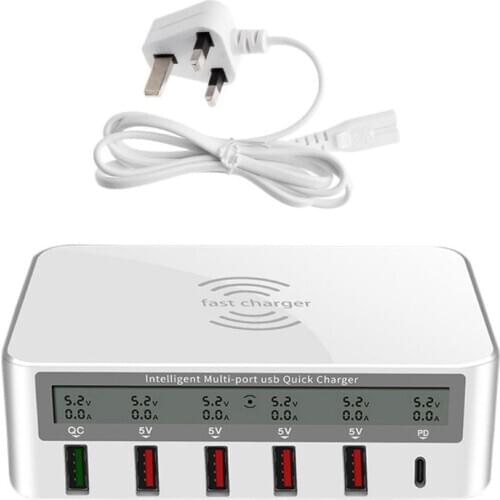 Universal 100W 5x USB QC 3.0 & Type C PD Fast Charger Adapter Qi Wireless Charger Station for iphone