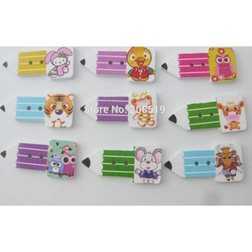 WBNAWG Pencil shape printed wood children buttons mix 200pcs animal button sewing accessories