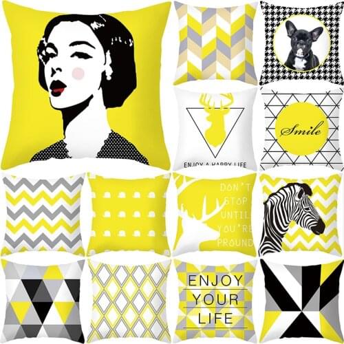 Yellow Geometric Cushion Cover 45X45 Black Letter Stripe Decorative Pillowcase Sofa Cushions Nordic Pillow Covers Home Decor
