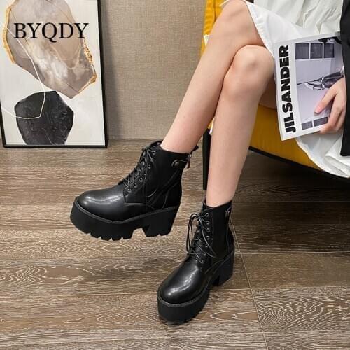 BYQDY Autumn Gothic Round Toe Woman Boots Thick Bottom Chunky Heels Lace Up Ankle Boots Combat Footwear For Party Shoes Plus 41