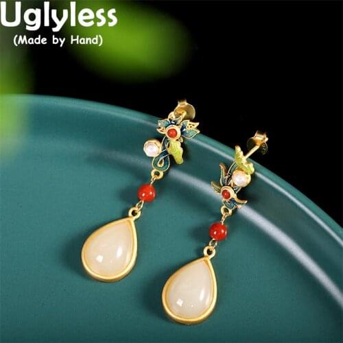 Uglyless Natural Jade Water Drop Earrings for Women Enamel Flowers Pearls Earrings Gold 925 Silver Brincos Ethnic Dress Jewelry