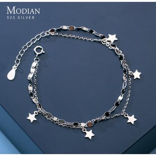 Modian Sweet Lovely Star Double Chain Bracelet 925 Sterling Silver Geometric Sequins Link Chain Bangle for Women Fine Jewelry