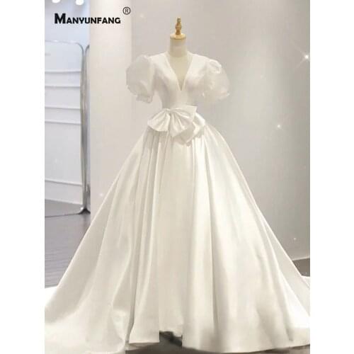 Custom Made Puff Sleeve V-Neck Satin Wedding Dress for Women 2021 Hot Sale Bow Lace Up Back Chapel Train Bridal Ball Gown