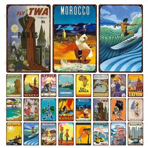Metal Tin Sign Wall Art Retro City Travel Poster Hawaii Venice Ireland Africa Tin Painting Bar Shop Decoration Custom 20*30 Cm