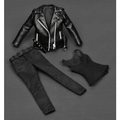 ZY15-19 1:6 Scale Female Ter-minator T-800 Women Black Leather Vest Pants Suit For 12'' Action Figure Body Model DIY
