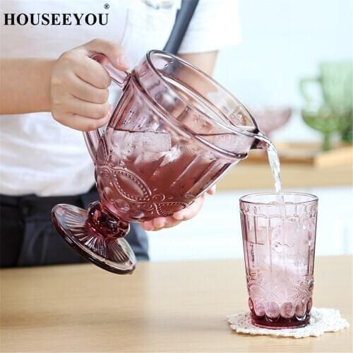 HOUSEEYOU 1Pc Cold Water Jug + 2Pcs Carved Glass Cup European Retro Crystal Design Water Wine Cup Drinking Bar Restaurant Tools