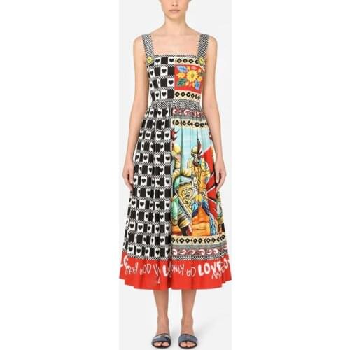 2021 summer women Spaghetti Strap dress Sicily style palace hero guard printed mid-calf dresses holiday women quality new dress