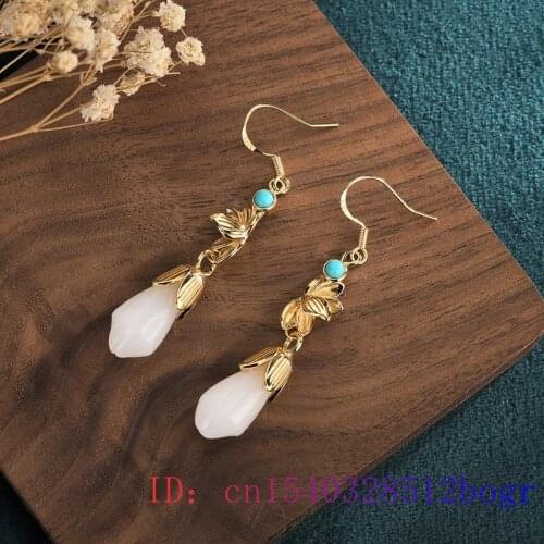 White Jade Flower Earrings Charm 925 Silver Fashion Natural Jewelry Crystal Gifts Zircon Amulet Gemstone Women Chalcedony