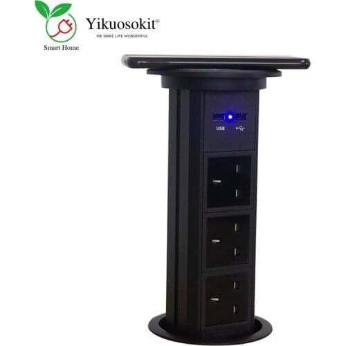 UK Socket USB Port Wireless Quick Charger Black Tabletop Smart Hidden Power Socket Electric Motorized Pop Up Desktop Outlets