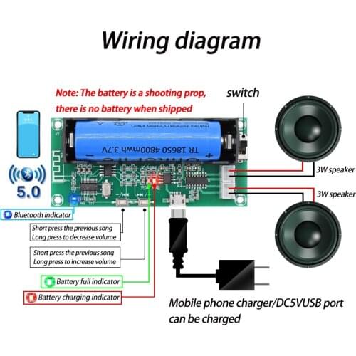 Bluetooth 5.0 Amplifier Board Lithium Battery Holder Dual Channel 2*5W Stereo Class D Amplifiers Active Speaker DIY PAM8403 Amp