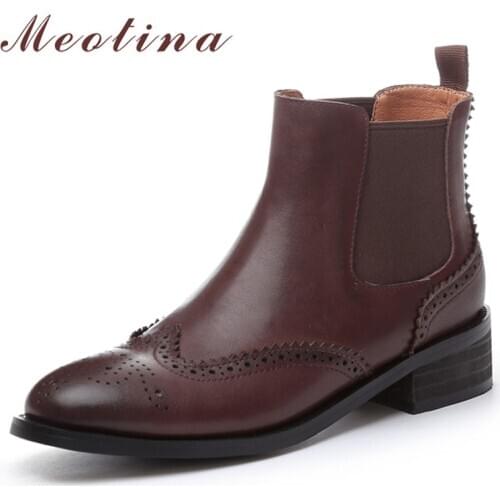 Meotina Chelsea Boots Women Natural Genuine Leather Thick Heels Ankle Boots Winter Autumn Round Toe Brogue Shoes Ladies Size 42