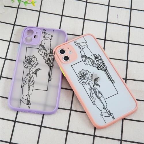 Minimal Line Art Gun Rose Phone Cases for iPhone 12 Mini 11 Pro X XS XR Max 7 8 6 6S Plus SE 2020 Skin Feel Matte Back Cover