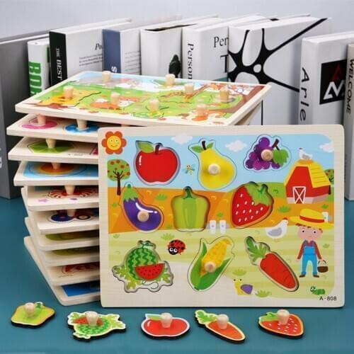 Baby Toy Montessori wooden Puzzle/Hand Grab Board Educational Wooden Toy Cartoon Vehicle/ Marine Animal Puzzle for Kids