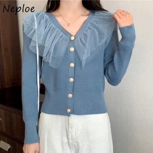 Neploe Double Lace V Neck Cardigans Sweater Long Sleeve Single Breasted Design Straight Slim Pull Femme Coat Autumn Knit 47916