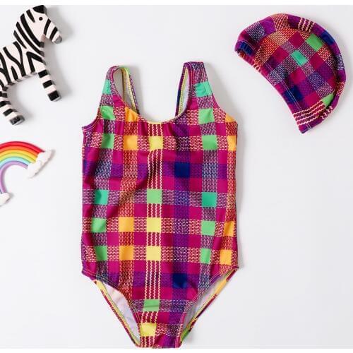 2020 New Baby Girl Swimsuit Girls One Piece Swimwear Classic Bodysuit Geometric Print Swimsuit for Girl Bathing Suit With Cap