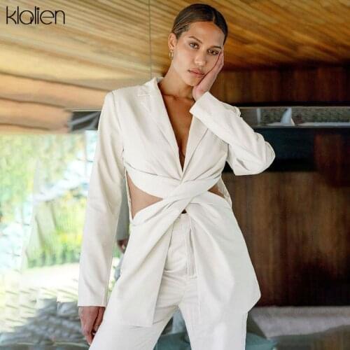 KLALIEN Autumn Solid White Slim Suit Coat Office Lady Streetwear Wild Basic 2021 New High Quality Jacket Sexy V Neck Low Chest