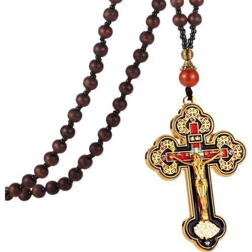 Religious Rosary Necklace Wood Beaded Chains Orthodox Large Crucifix Jesus Cross Pendant Necklaces for Men Women Prayer Jewelry