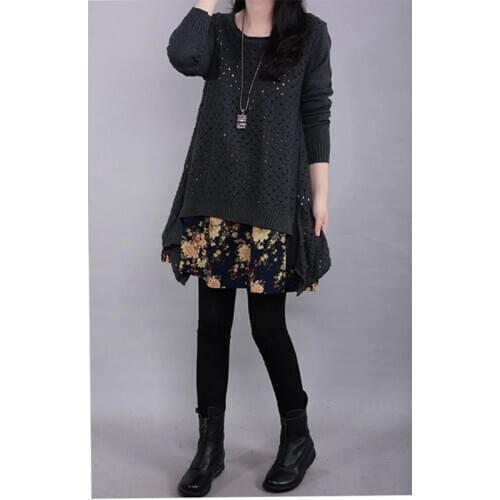 Autumn winter dress two-piece large size womens cotton linen knitted loose dress floral stitching hook flower hollow A697