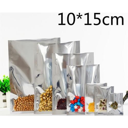 10*15cm 100Pcs/Lot Open Top Silver Aluminium Foil Clear Packing Bag Vacuum Pouches Heat Seal Bags Food Storage Package Pack Bags