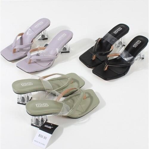 Womens Sandals 2021 Summer New Square Toe Flip High Heel Slippers Square Heel PU Pure Color Casual Outdoor Sandals 6CM